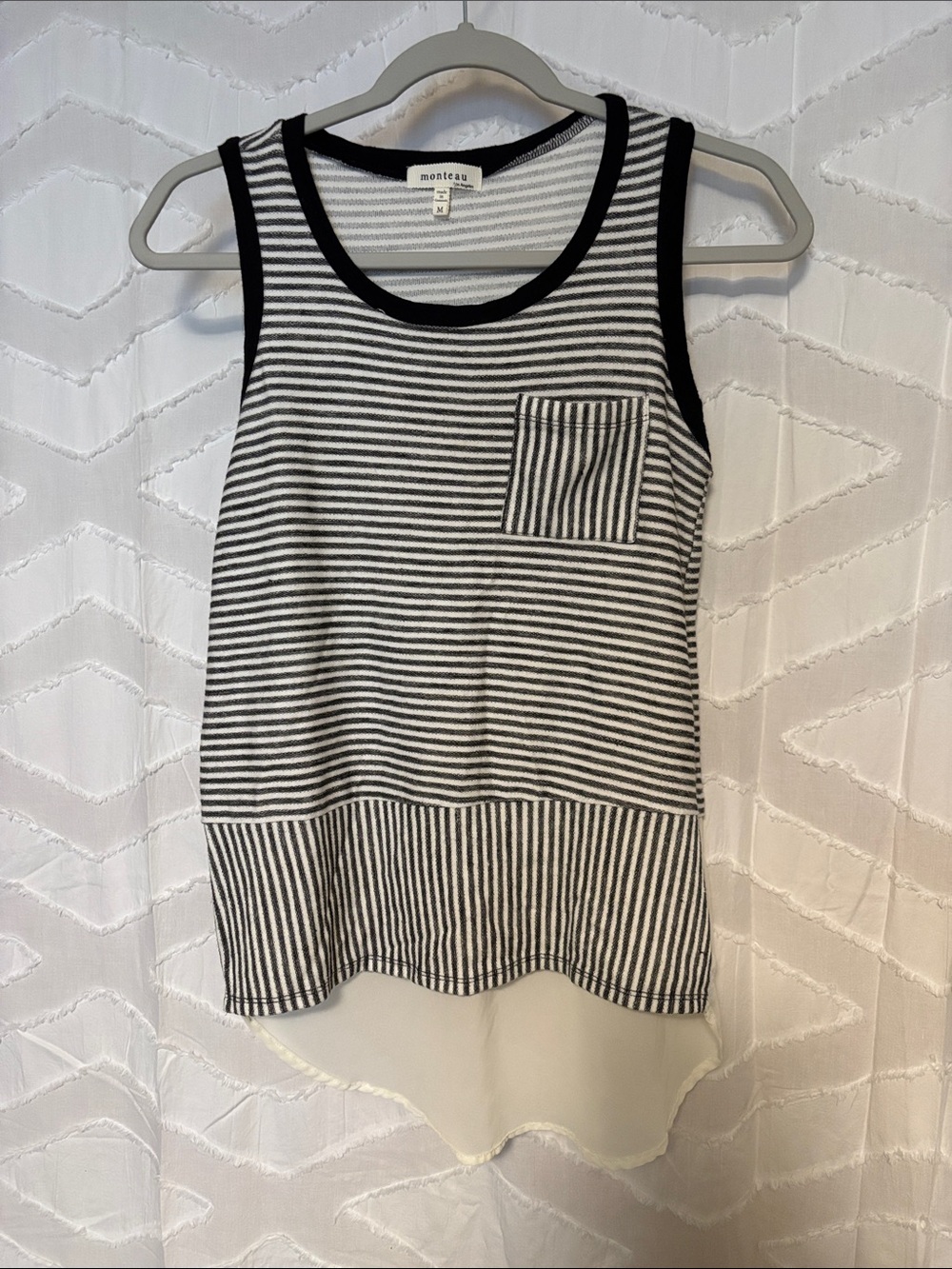 Monteau Black & White Striped Sleeveless Pocket Tank